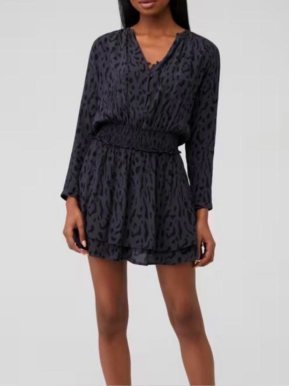 Rails Jasmine Ash Gray Cheetah Dress Black Ruched Waist Animal Print Women’s S